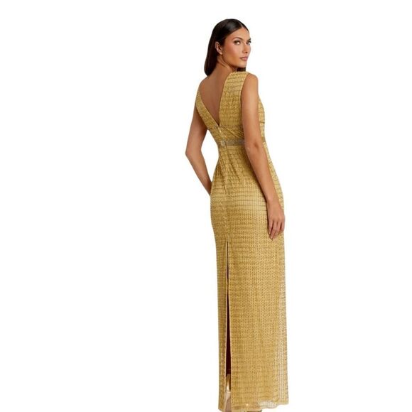 Mac Dugal Beaded V Neck Lined Column Empire Waist Gown Gold Women's Size 4 5625 - Picture 3 of 11